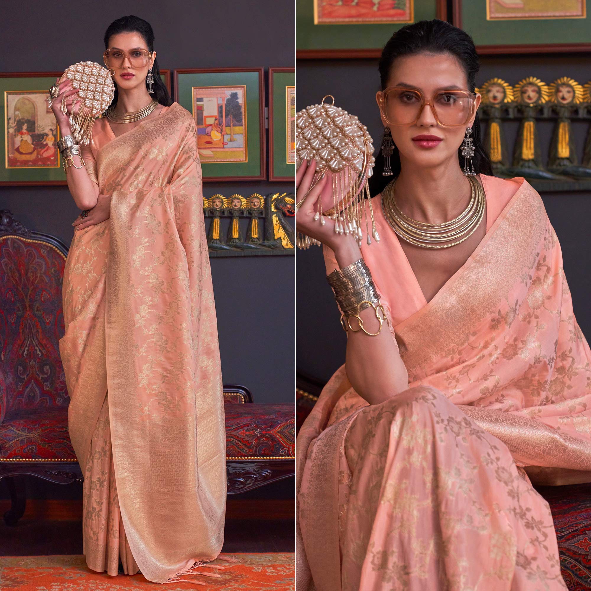 Peach Woven Art Silk Saree With Tassels