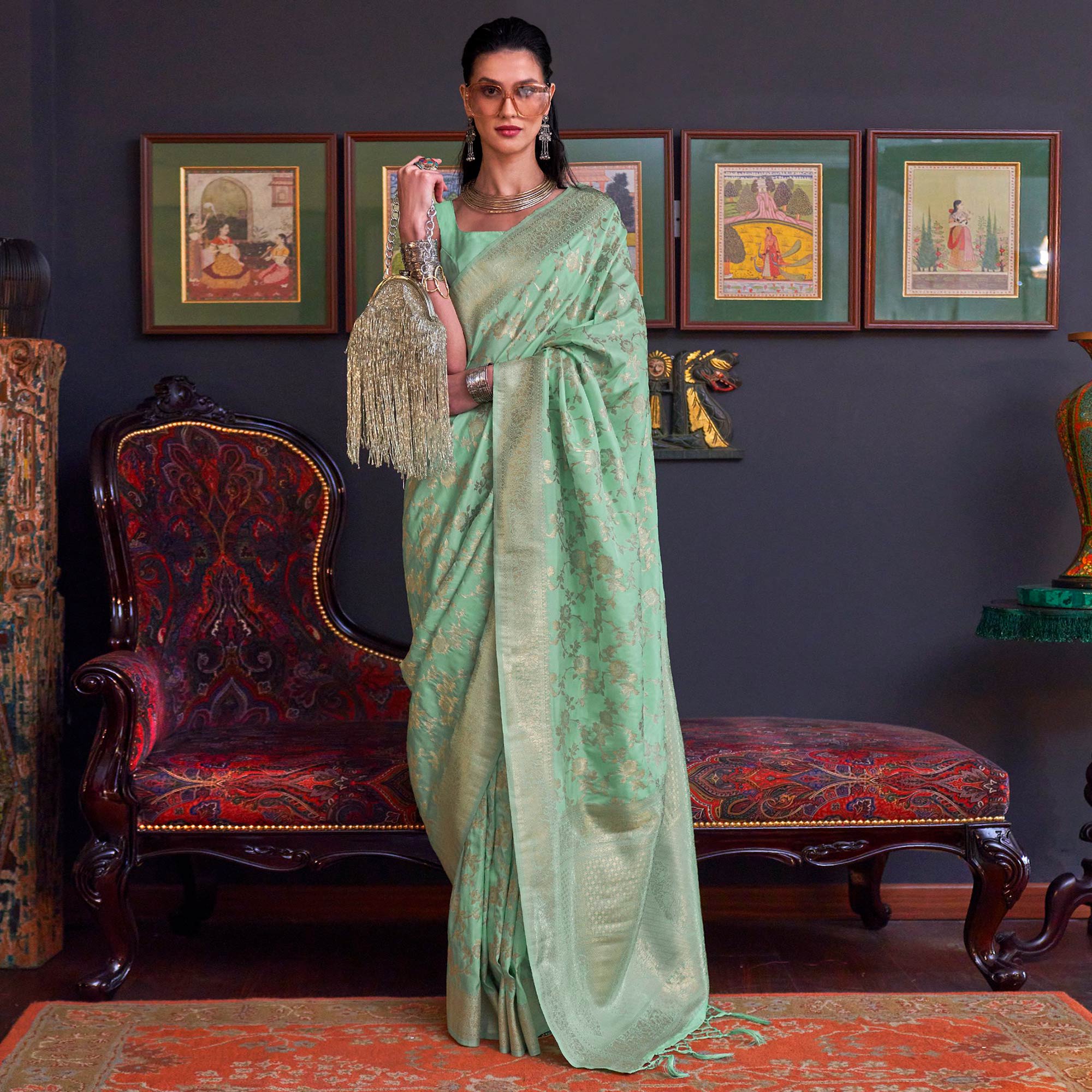 Sea Green Woven Art Silk Saree With Tassels