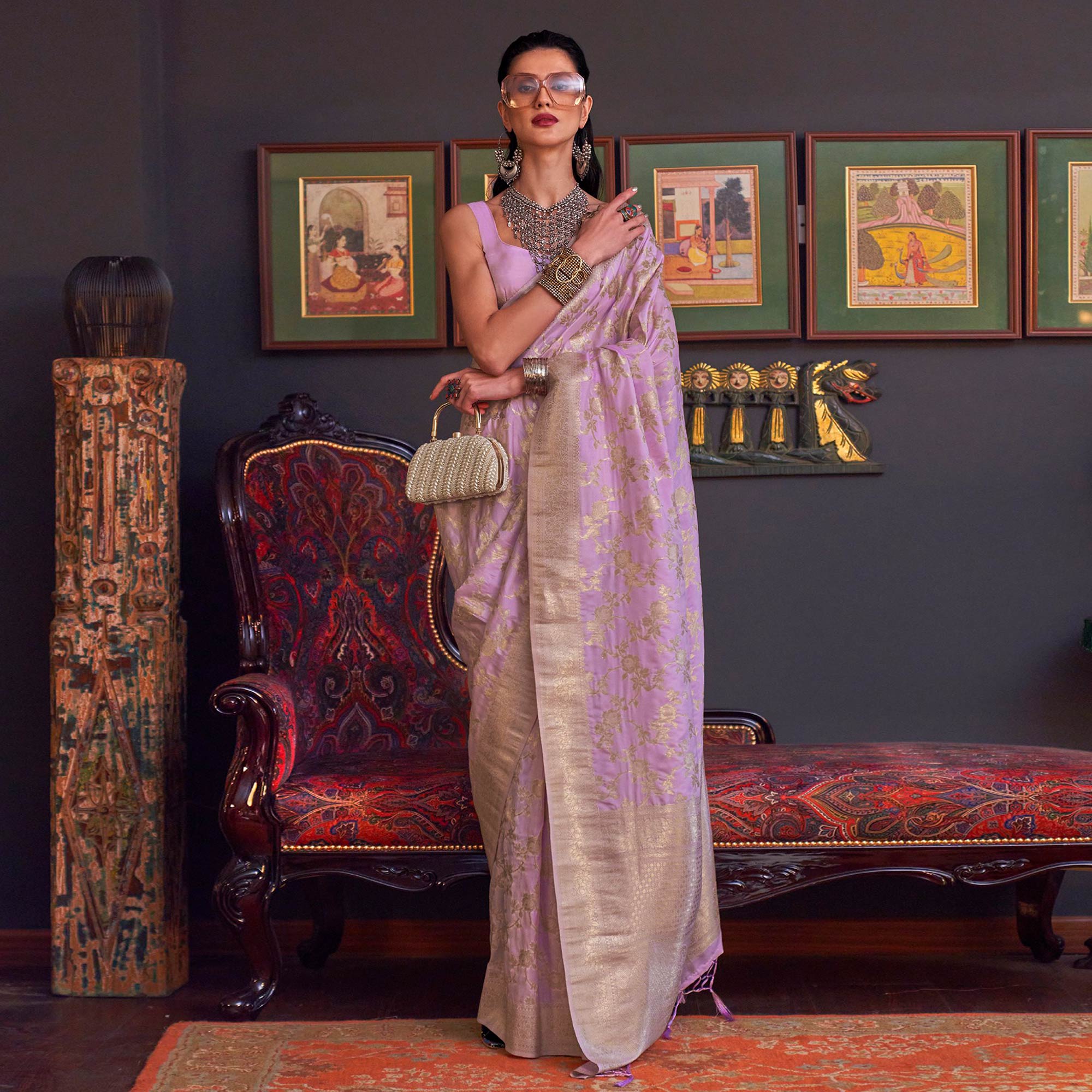 Light Purple Woven Art Silk Saree With Tassels