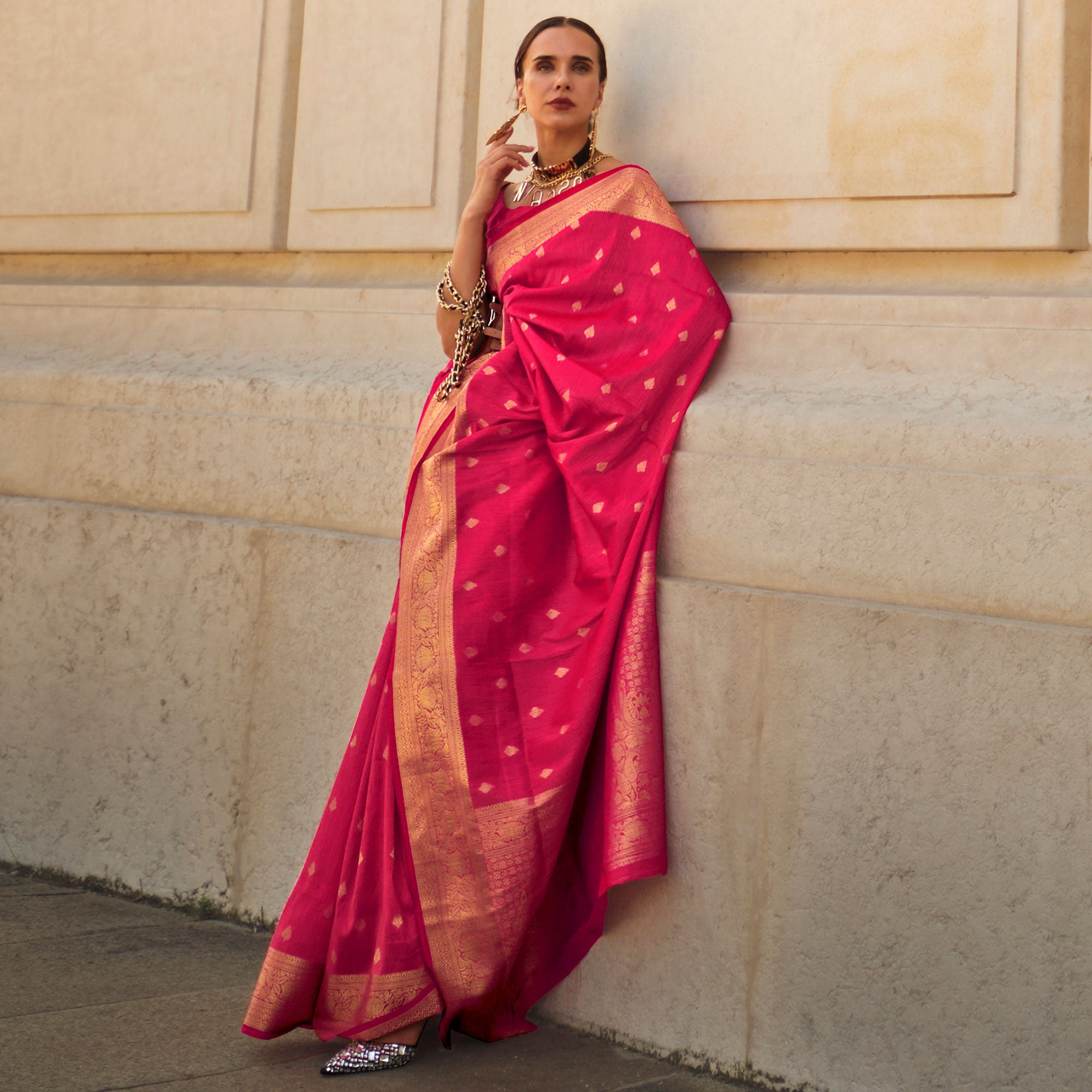 Pink Floral Woven Khaadi Silk Saree