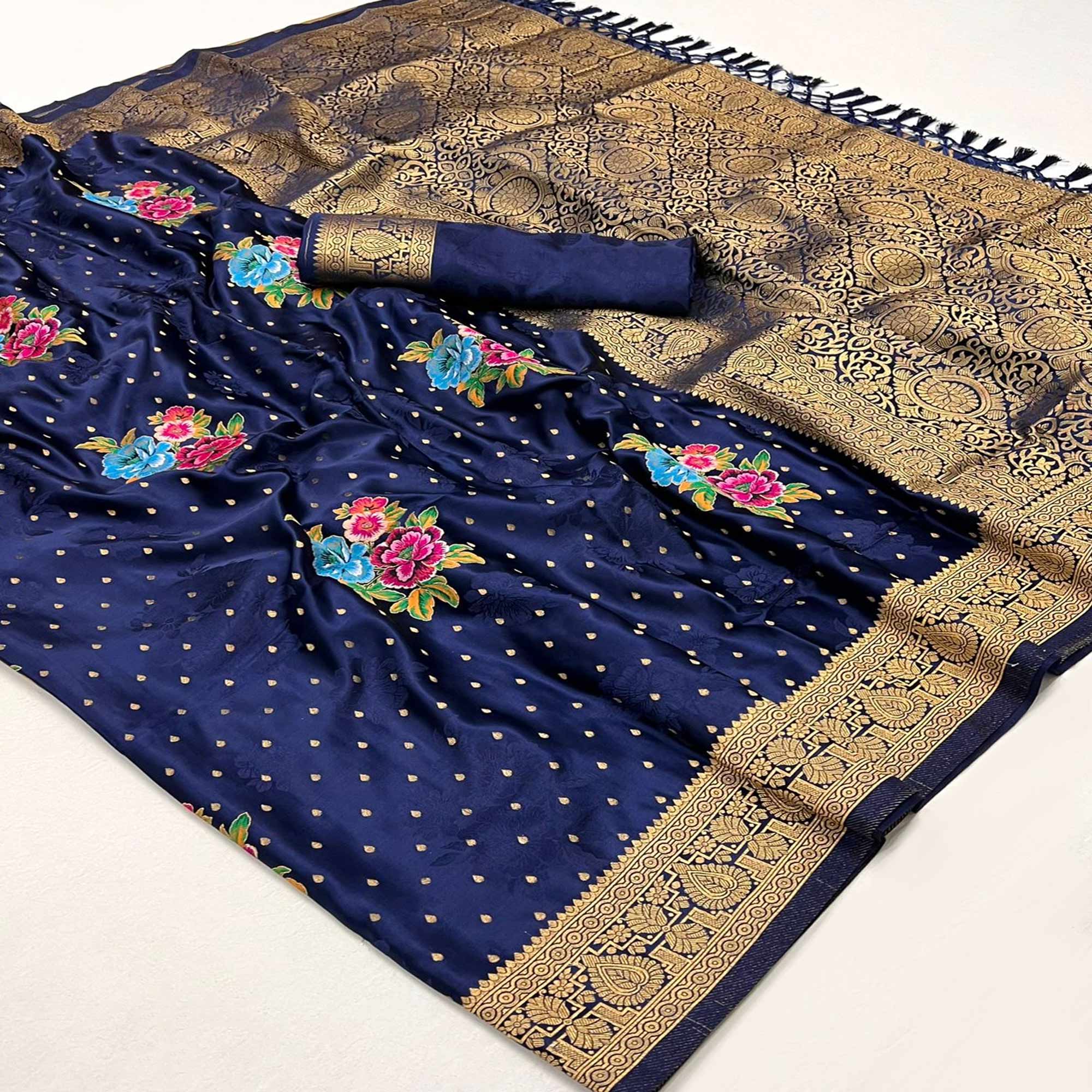 Blue Floral Woven Satin Saree With Tassels