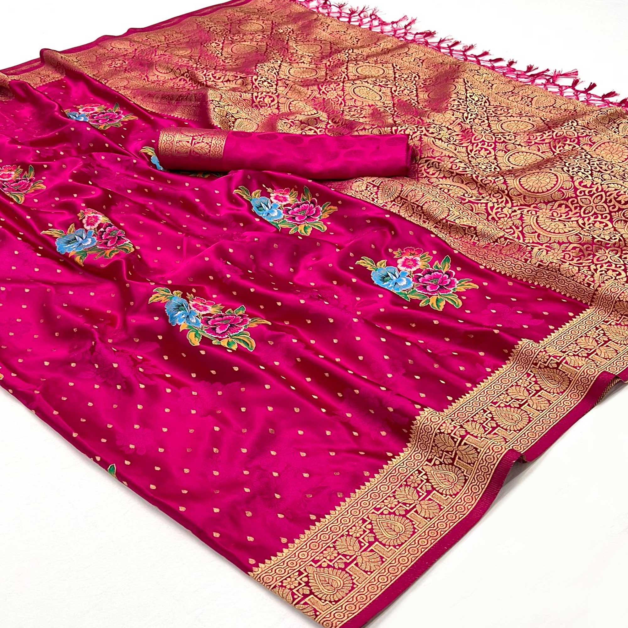 Pink Floral Woven Satin Saree With Tassels