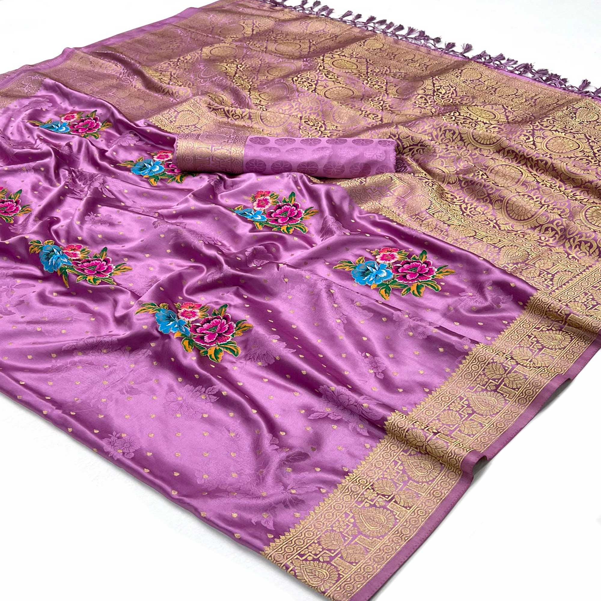 Purple Floral Woven Satin Saree With Tassels