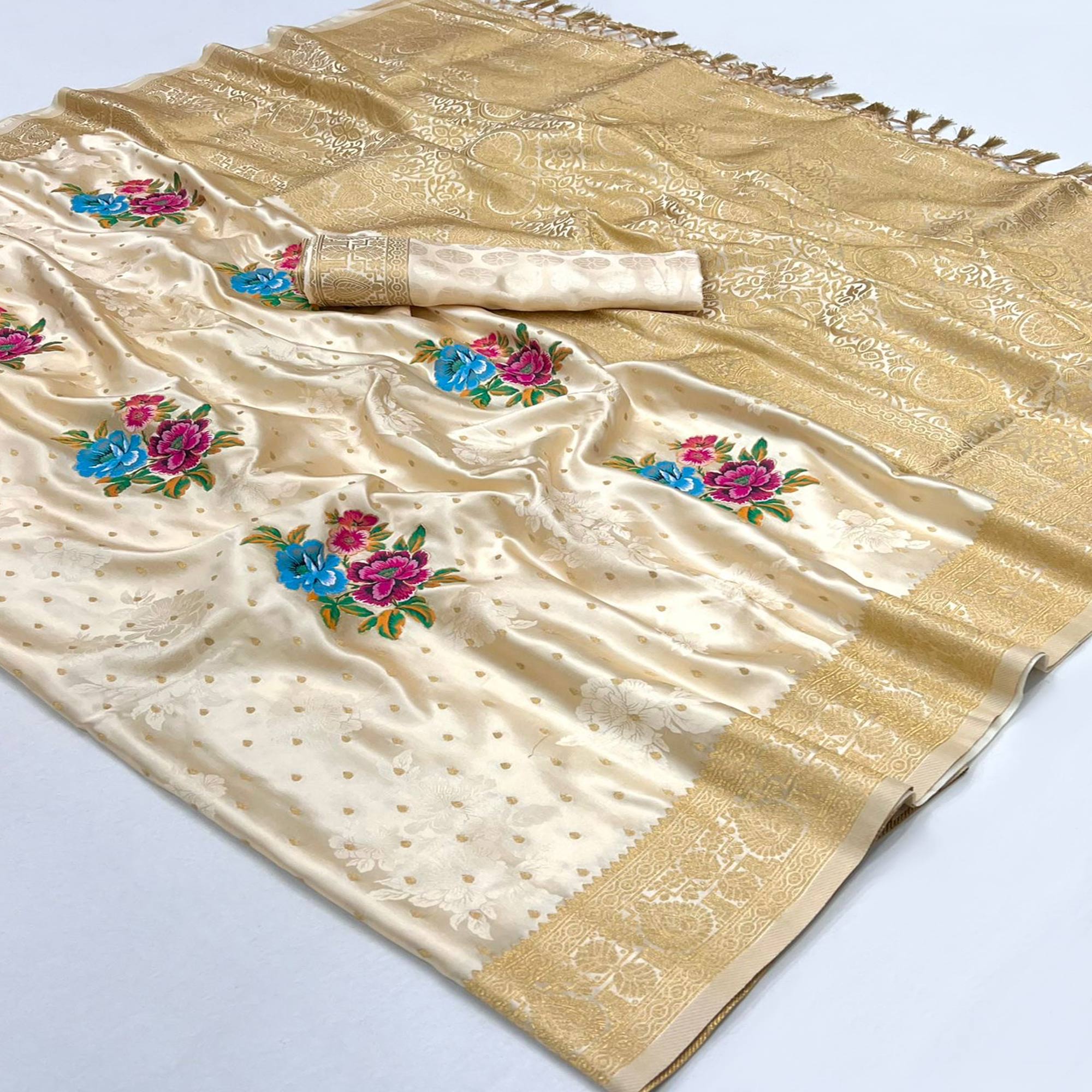 Off White Floral Woven Satin Saree With Tassels