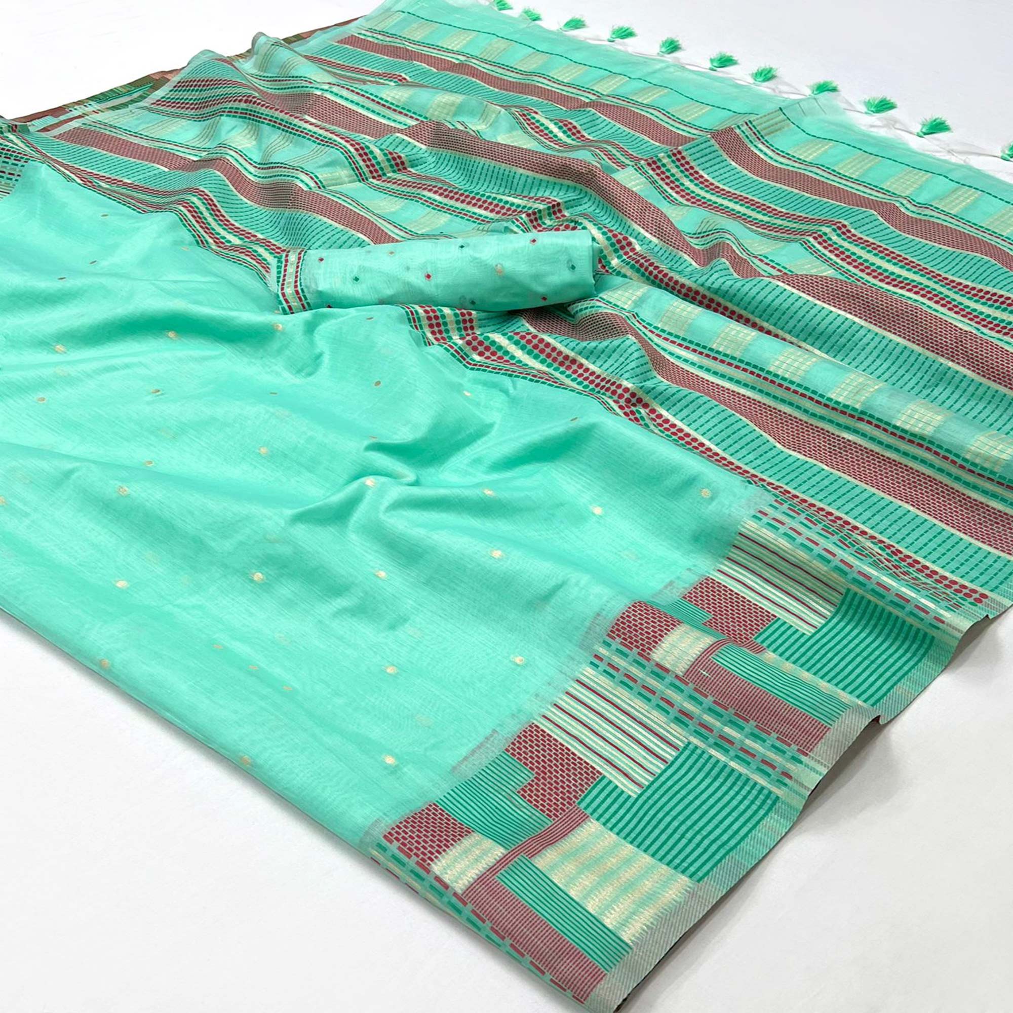 Turquoise Woven Cotton Silk Saree With Tassels