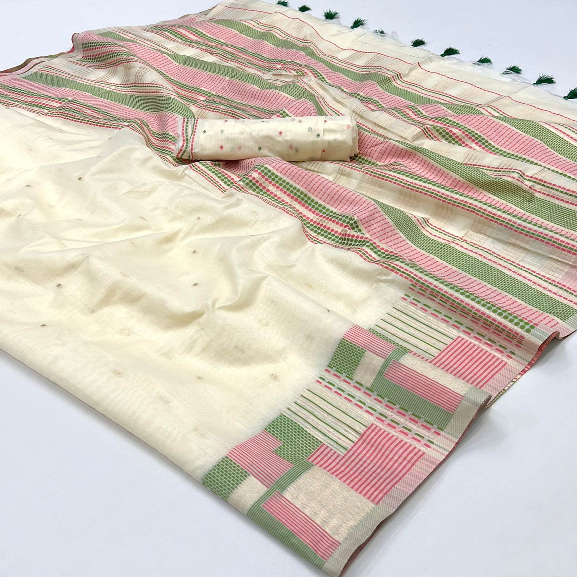 Cream Woven Cotton Silk Saree With Tassels