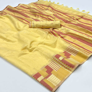 Yellow Woven Cotton Silk Saree With Tassels