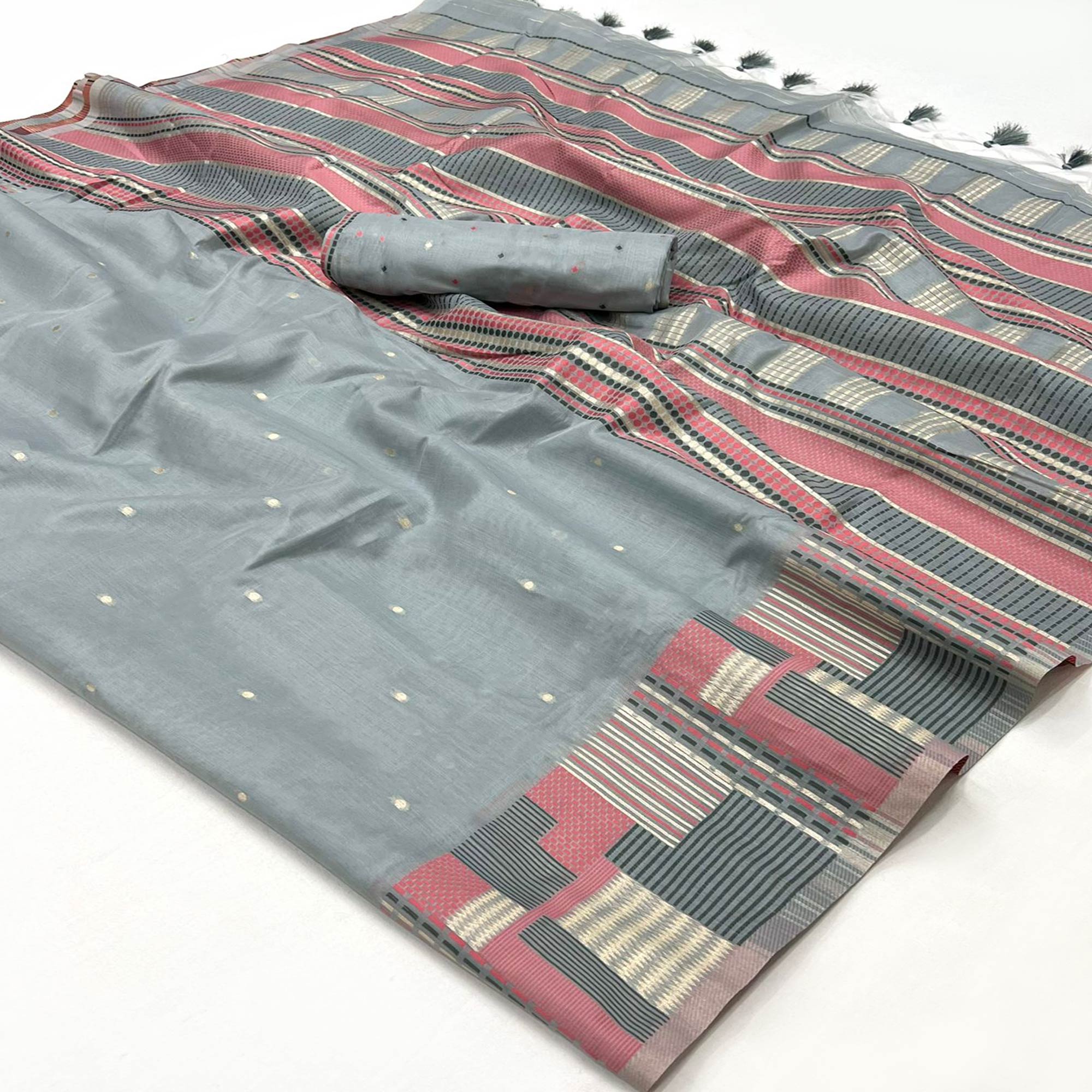 Grey Woven Cotton Silk Saree With Tassels