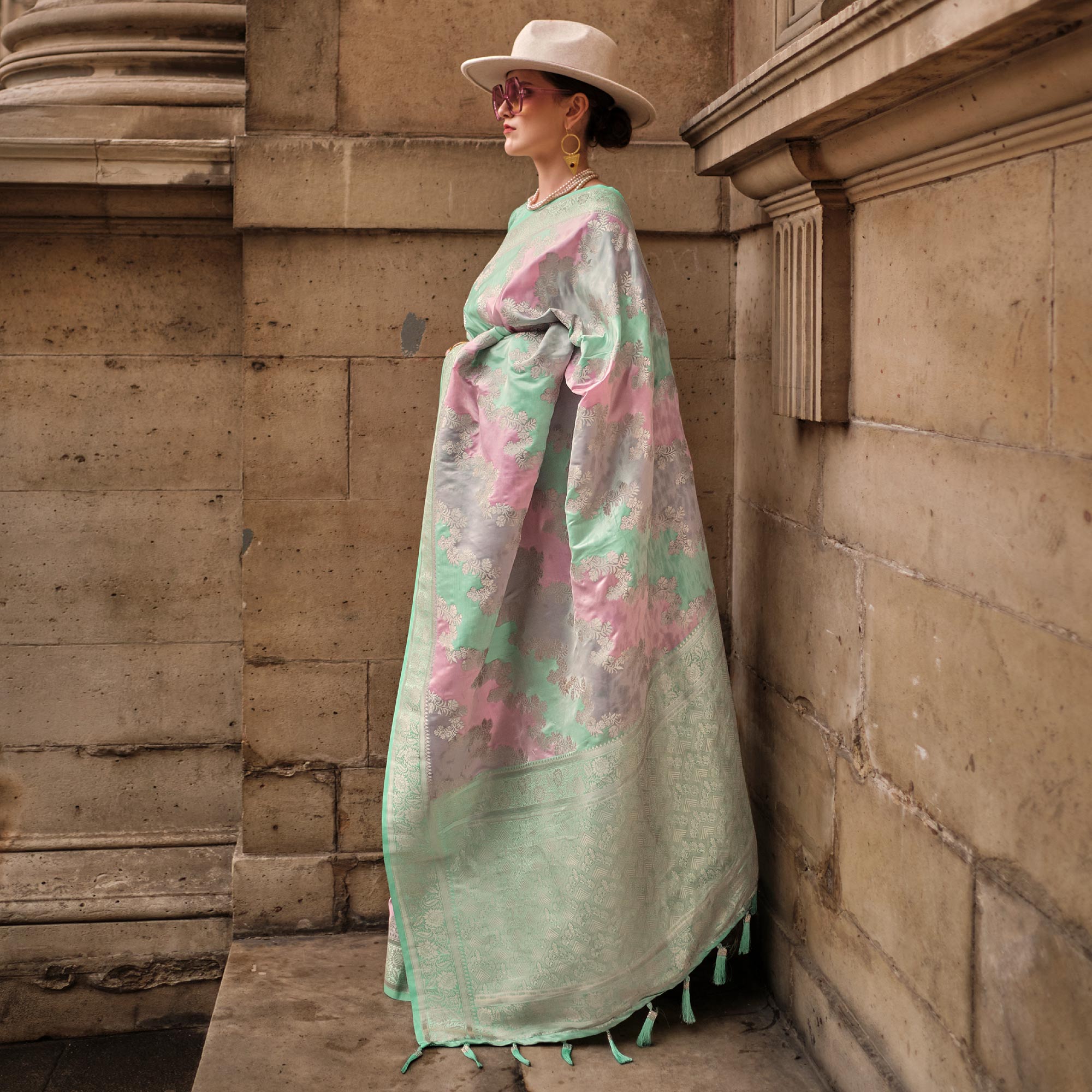 Sea Green Floral Woven Satin Saree With Tassels