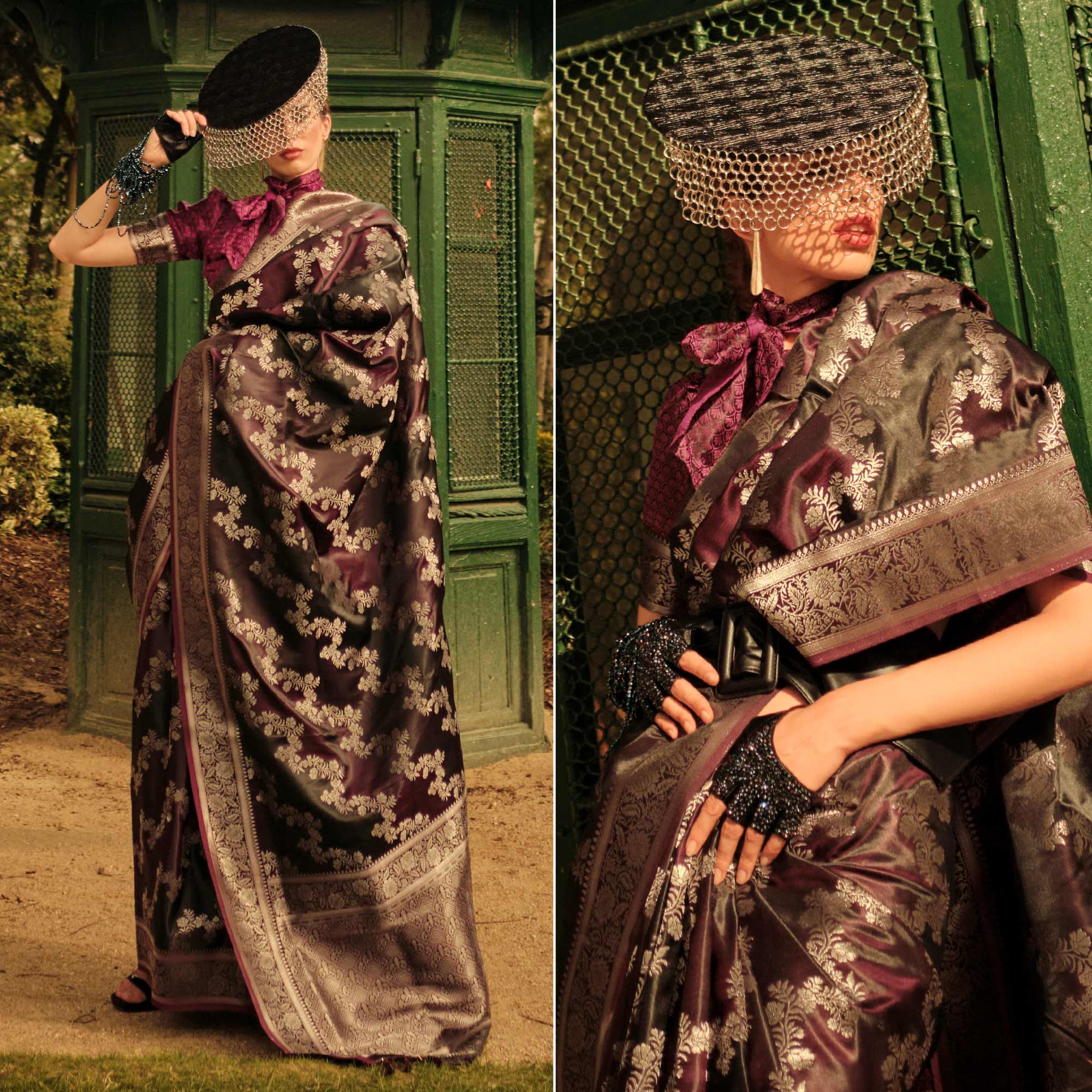 Wine Floral Woven Satin Saree With Tassels