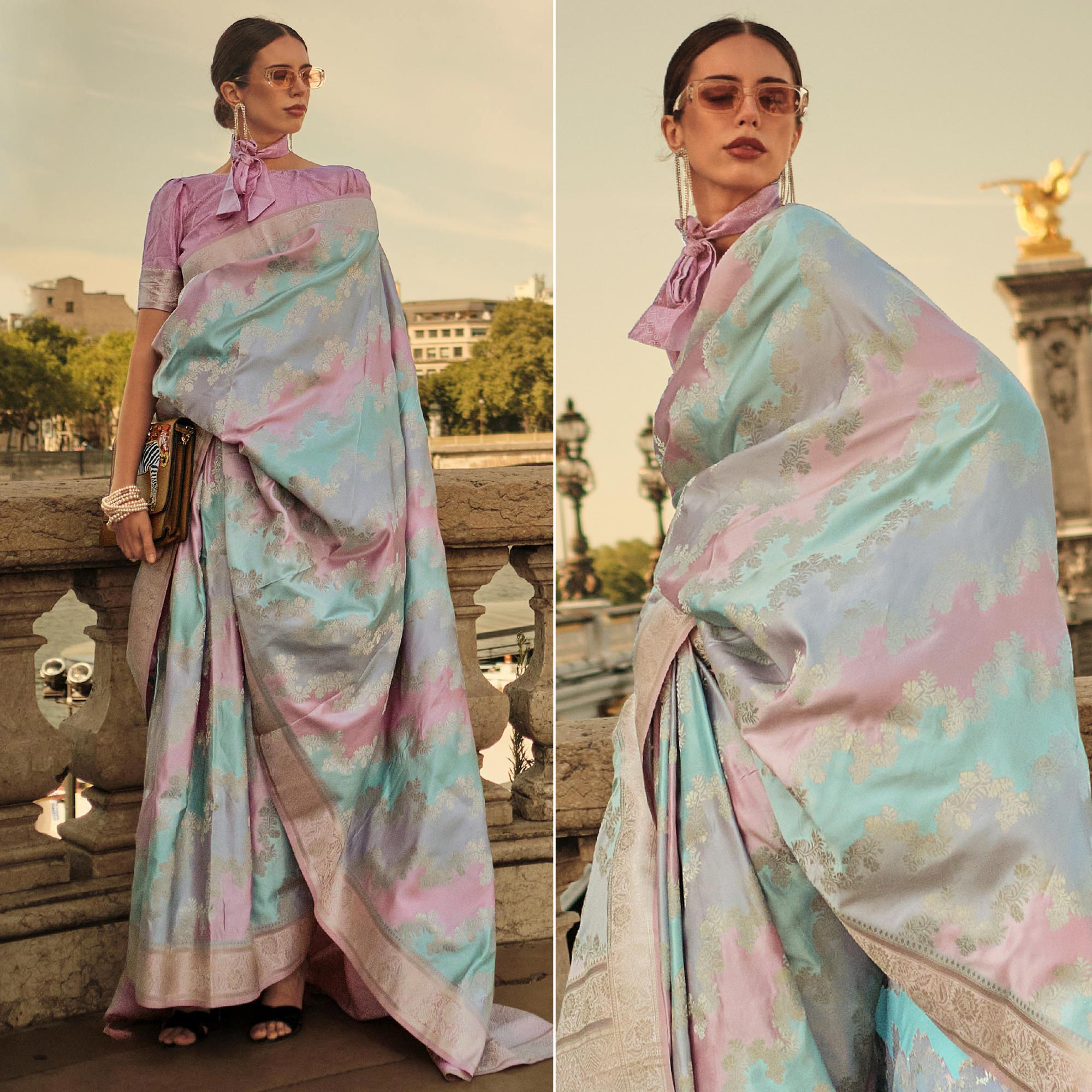 Pink Floral Woven Satin Saree With Tassels