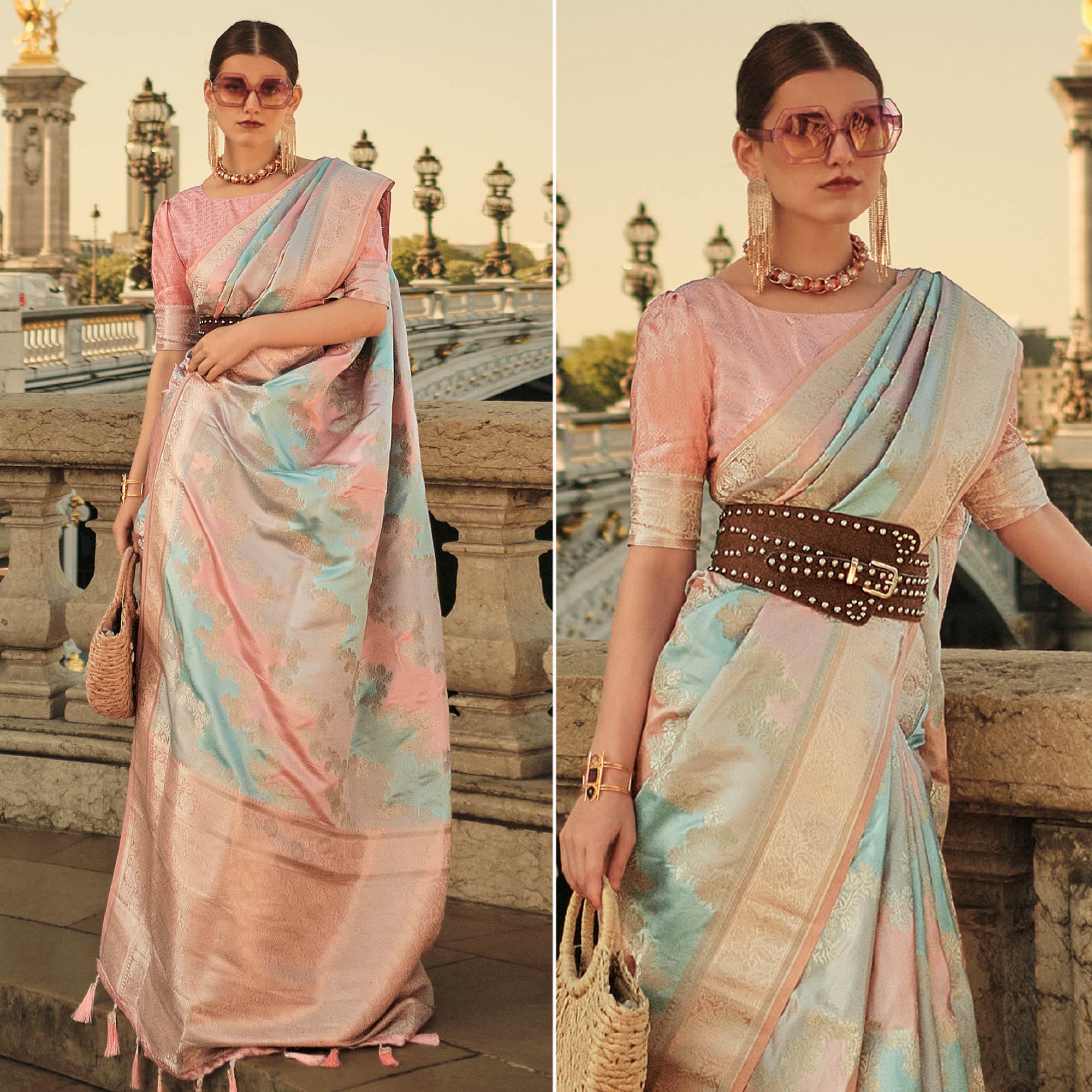 Peach Floral Woven Satin Saree With Tassels