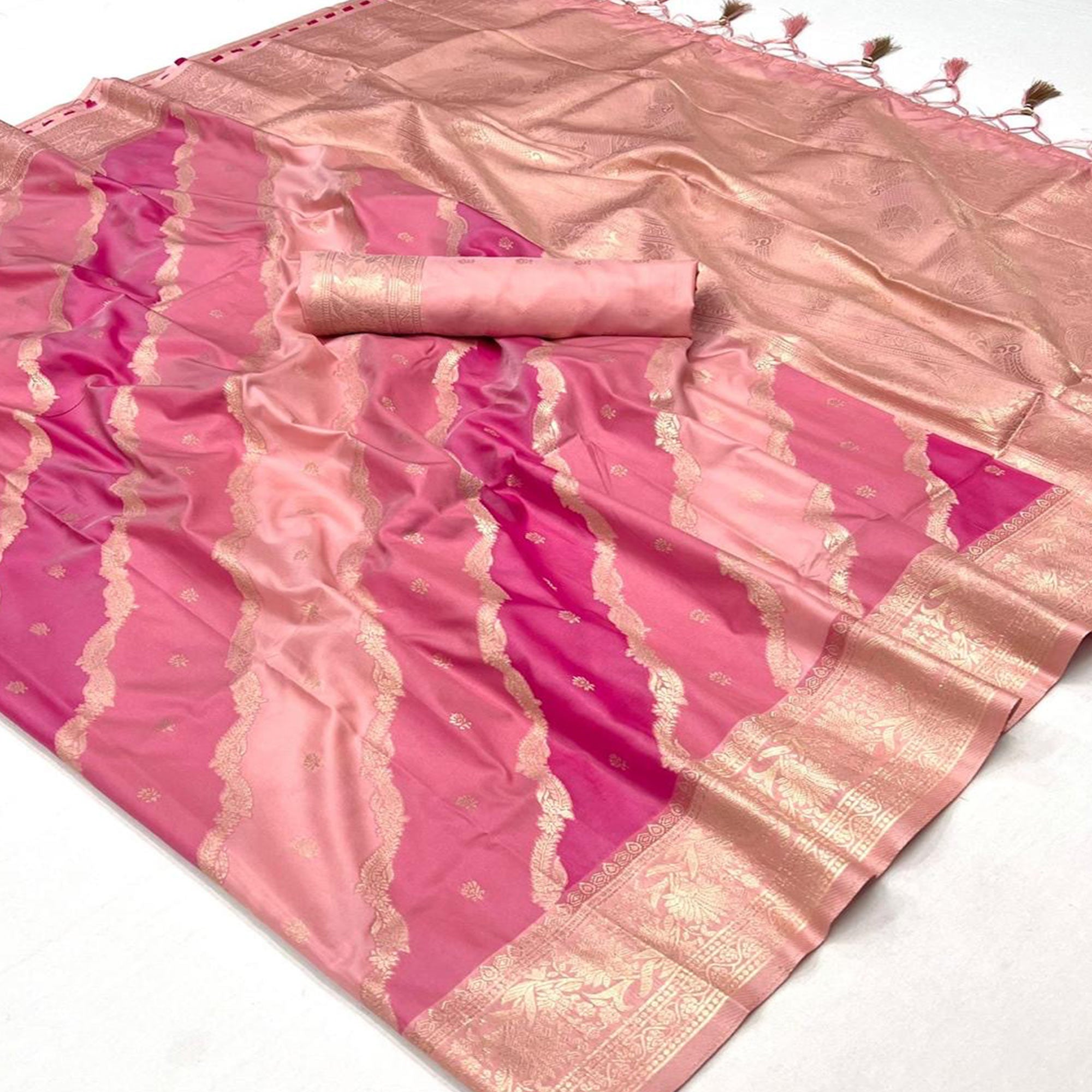 Peach Zari Work Woven Mulberry Silk Saree