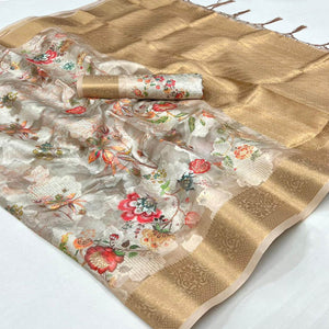 Beige Floral Woven Brasso Saree With Tassels