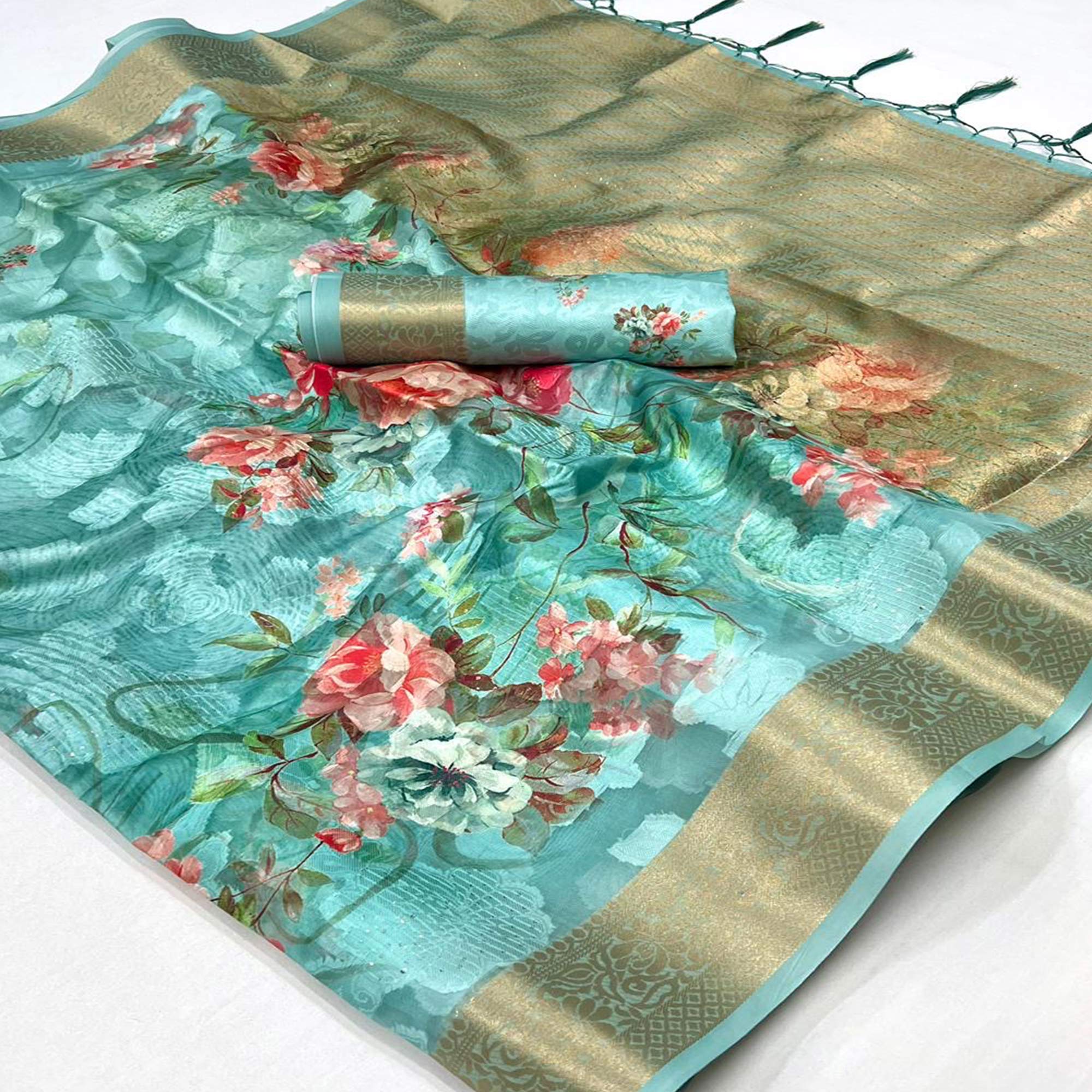 Pista Green Floral Woven Brasso Saree With Tassels