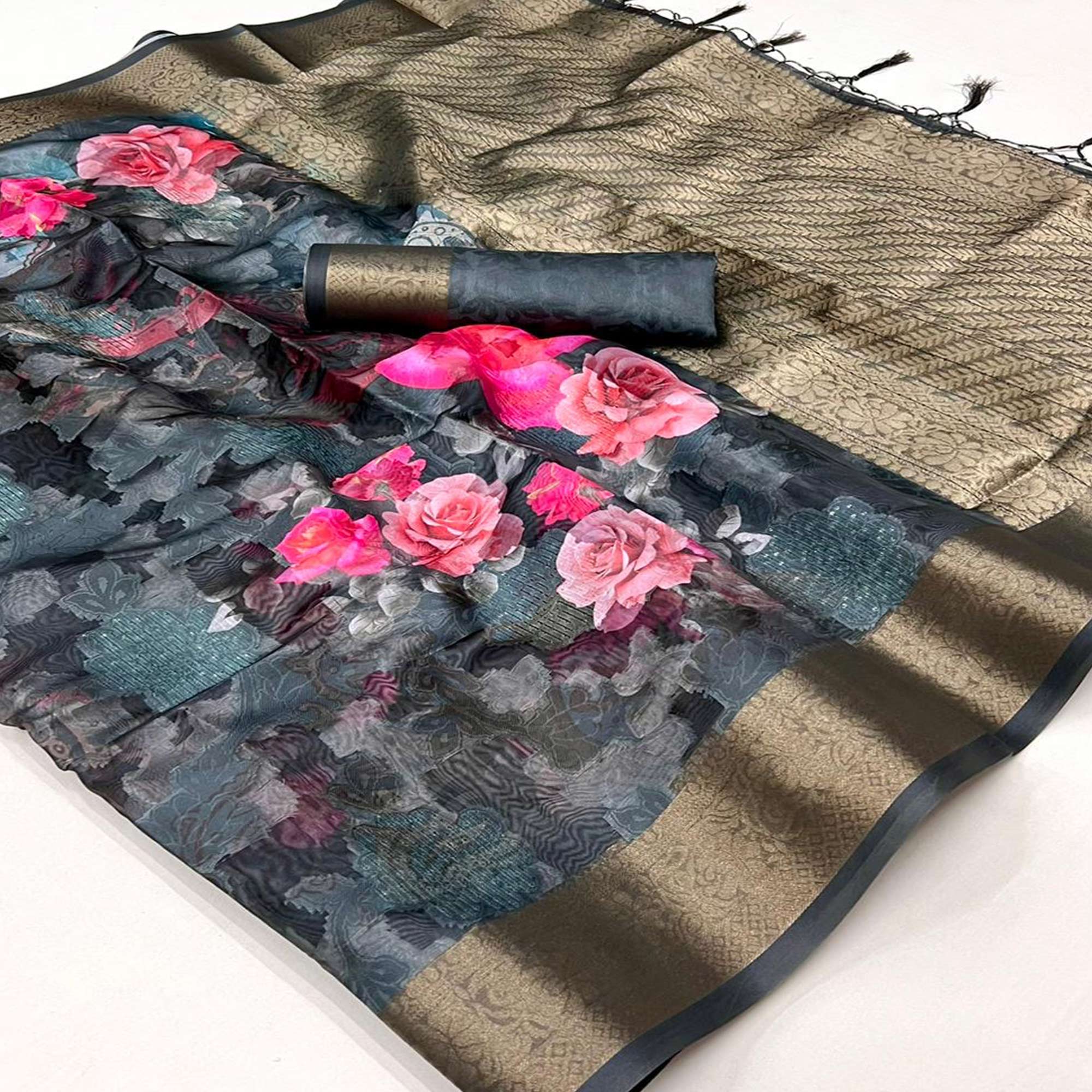 Teal Floral Woven Brasso Saree With Tassels