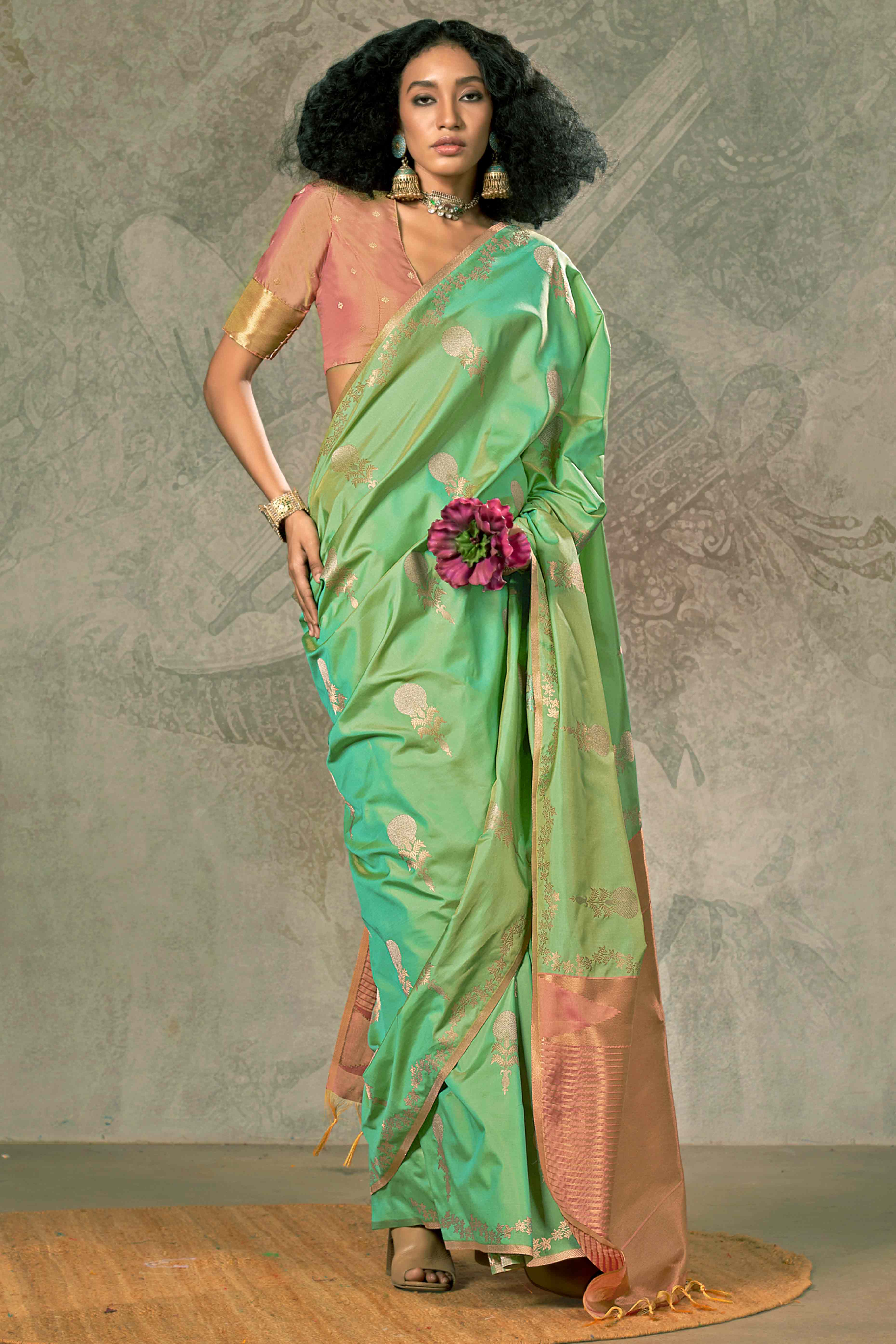 Green Banarasi Silk Saree with Floral Zari Weaving
