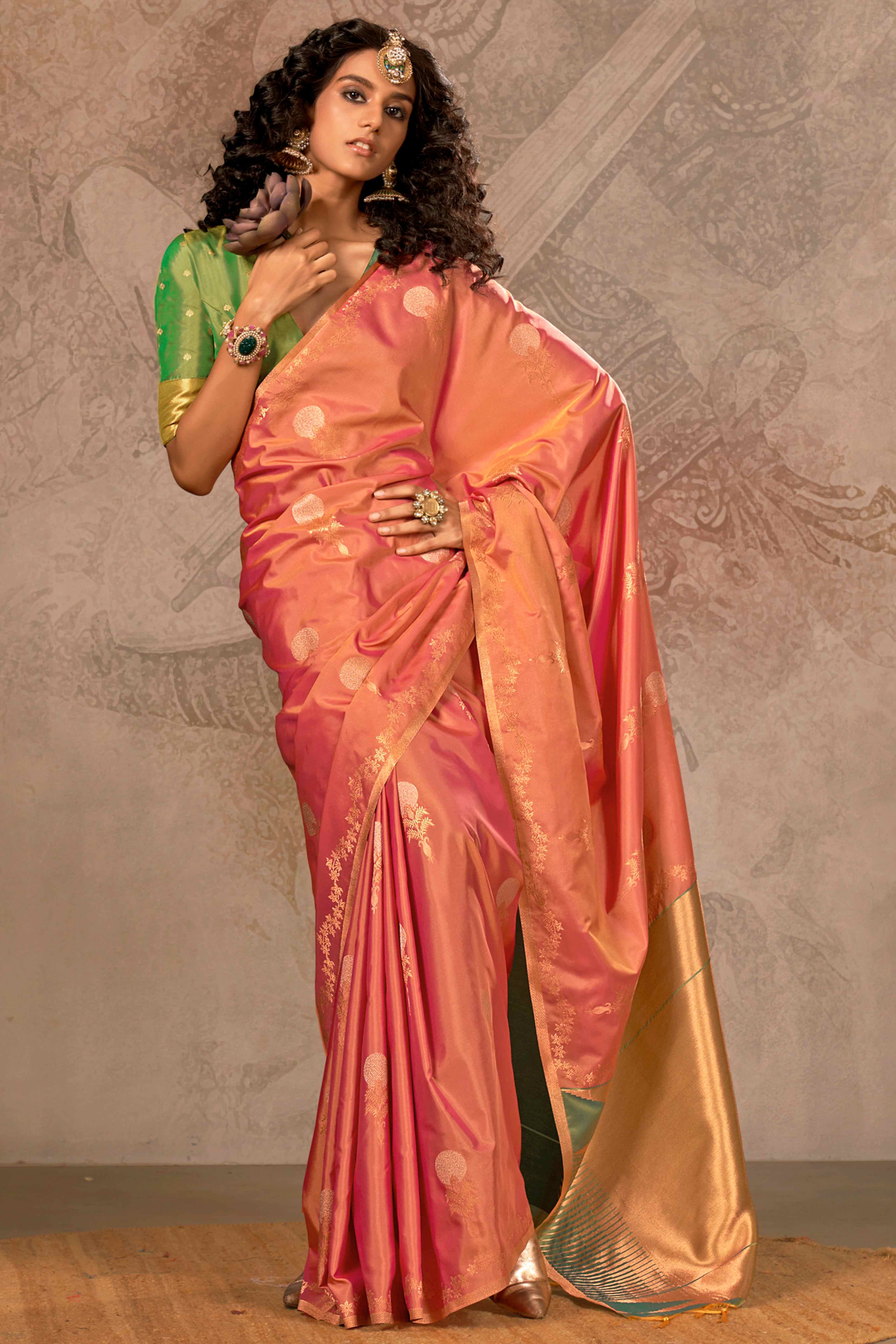 Dark Peach Banarasi Silk Saree with Floral Zari Weaving