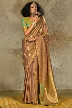 Brown Banarasi Silk Saree with Floral Zari Weaving