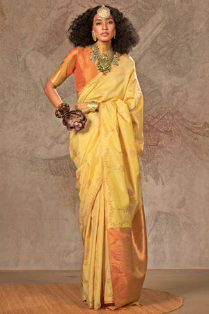 Yellow Banarasi Silk Saree with Floral Zari Weaving