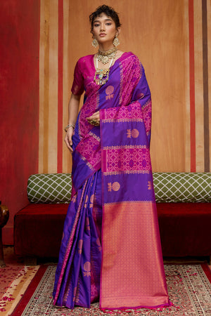 Classic Royal Purple Floral Handloom Weaving Art Silk Saree With Statement Tassel Pallu