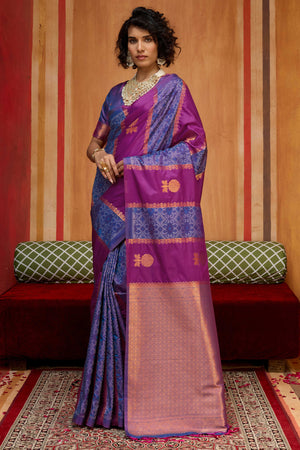 Classic Wine Floral Handloom Weaving Art Silk Saree With Statement Tassel Pallu