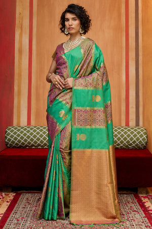 Classic Parrot Green Floral Handloom Weaving Art Silk Saree With Statement Tassel Pallu