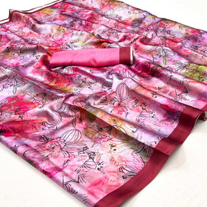 Pink Digital Printed Satin Saree