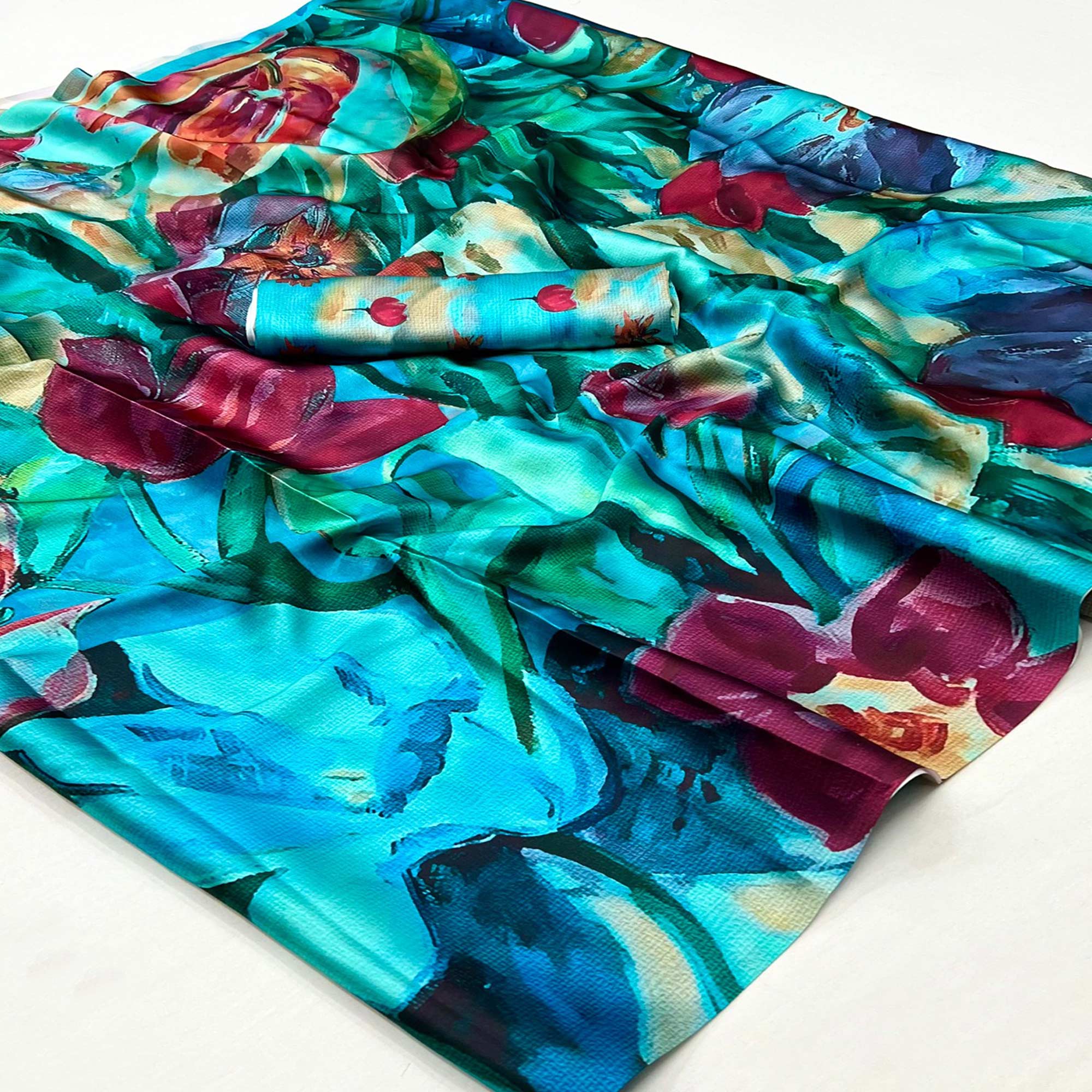 Turquoise Digital Printed Satin Saree