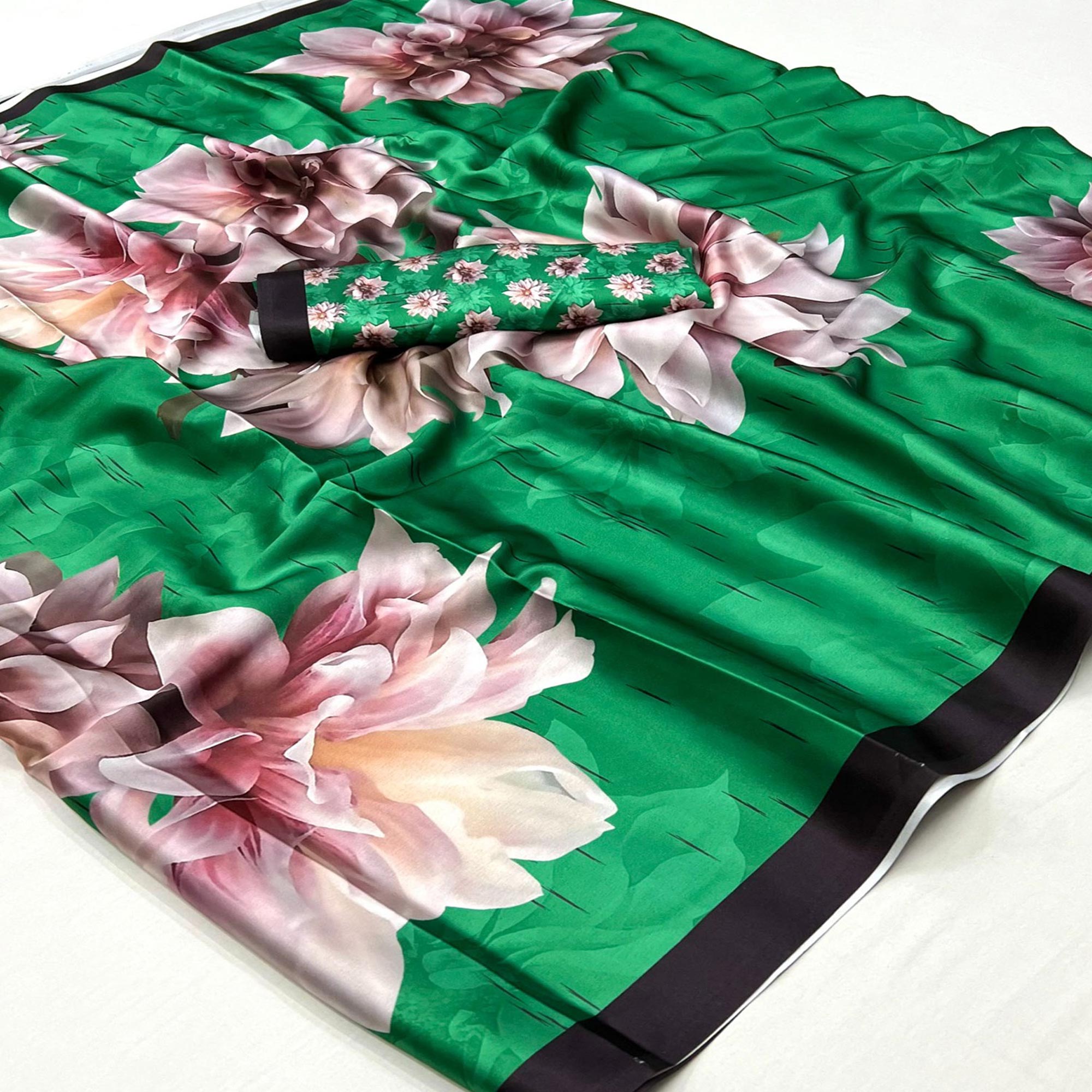 Green Digital Printed Satin Saree