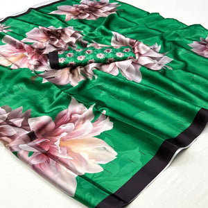 Green Digital Printed Satin Saree