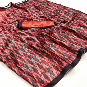 Peach Digital Printed Satin Saree