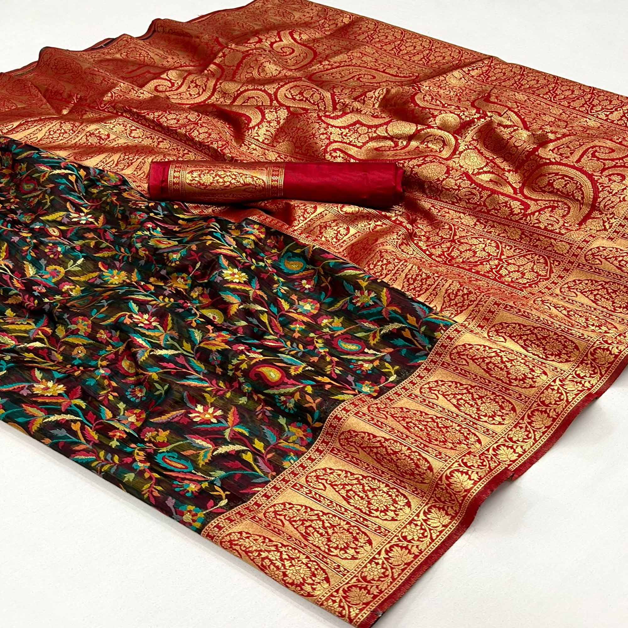 Black Floral Woven Chanderi Silk Saree