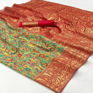Pista Green Floral Woven Chanderi Silk Saree