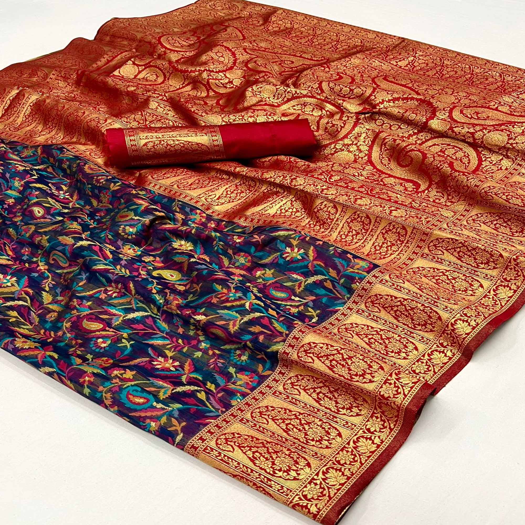 Blue Floral Woven Chanderi Silk Saree
