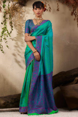 Turquoise Pure Silk Kanjivaram Handloom Saree Enhanced with Zari Woven Patterns