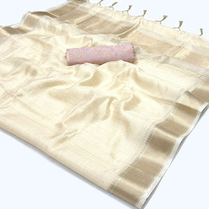 Beige Woven Zari Chiffon Saree