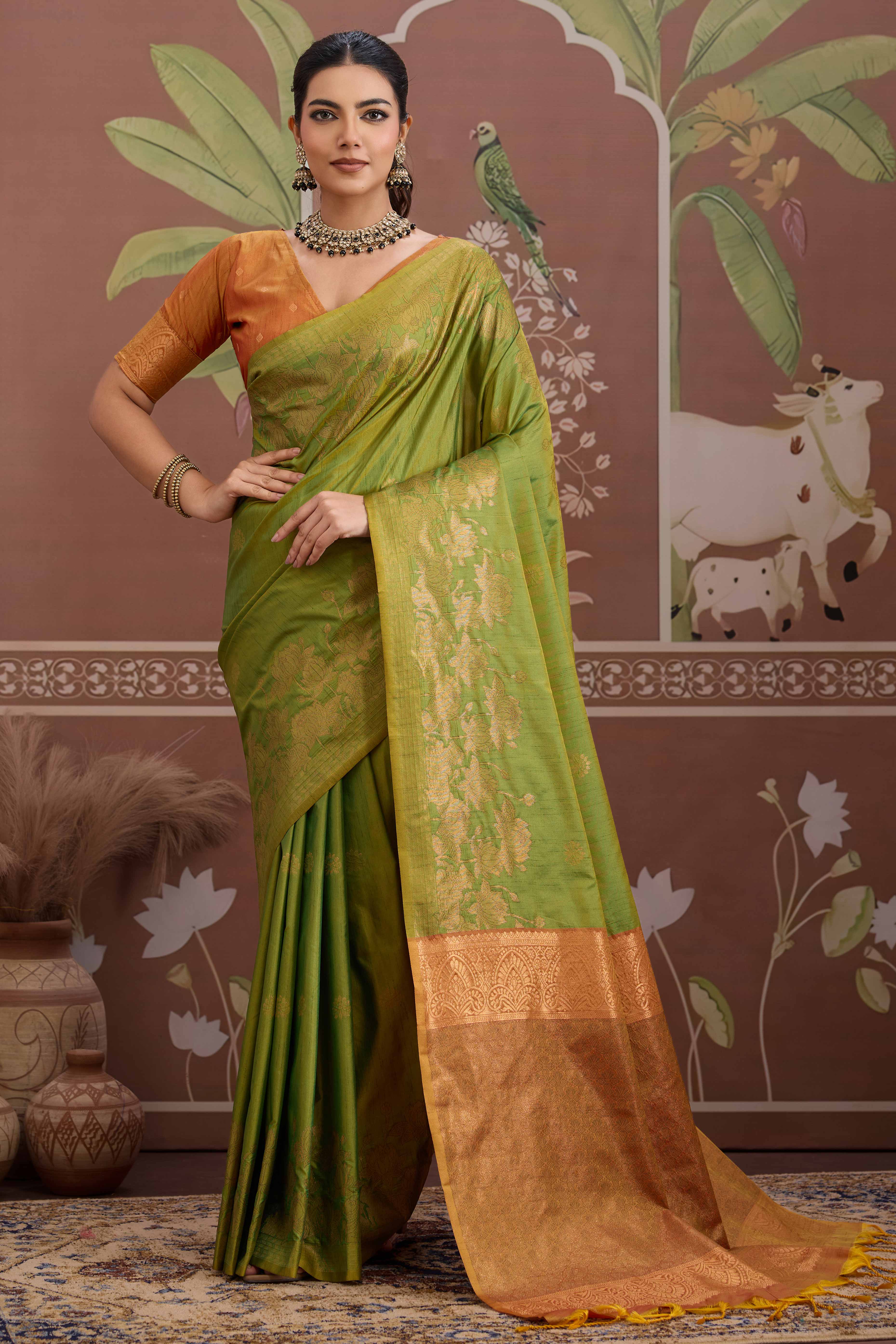 Luxury Lime Green Pichwai Style Saree in Silk Blend with Intricate Zari Work