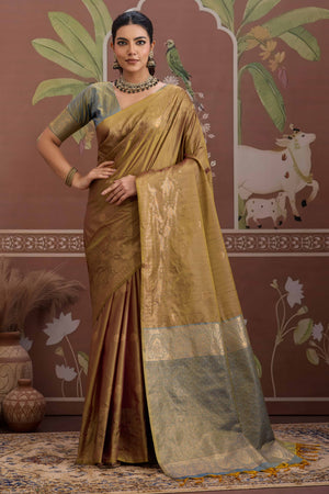 Luxury Brownish Gold Pichwai Style Saree in Silk Blend with Intricate Zari Work