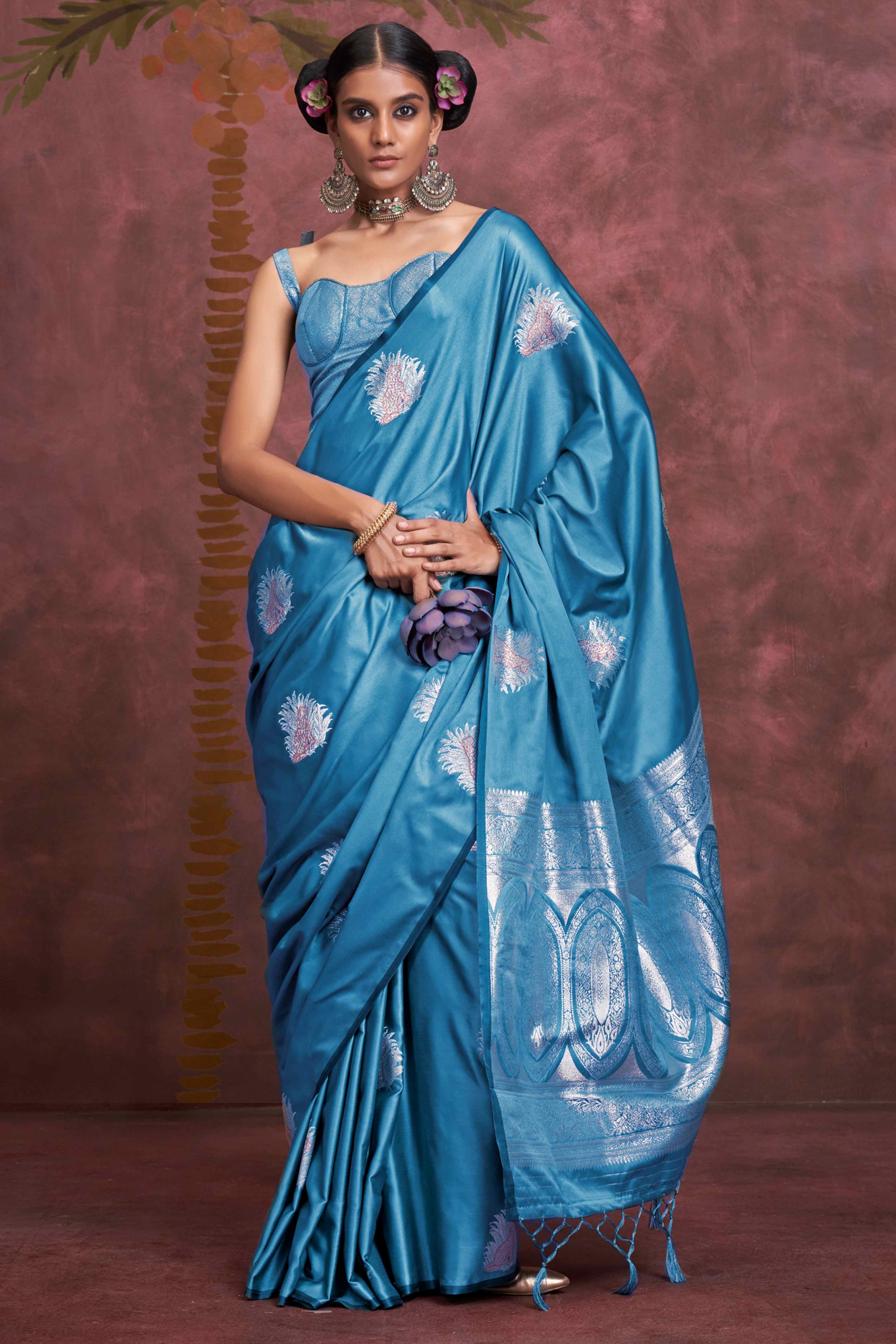 Teal Handloom Weaving Satin Saree