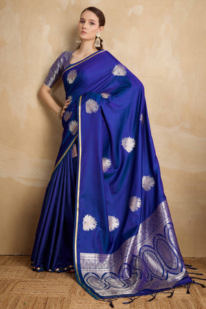 Blue Satin Saree Featuring Intricate Handloom Weaving