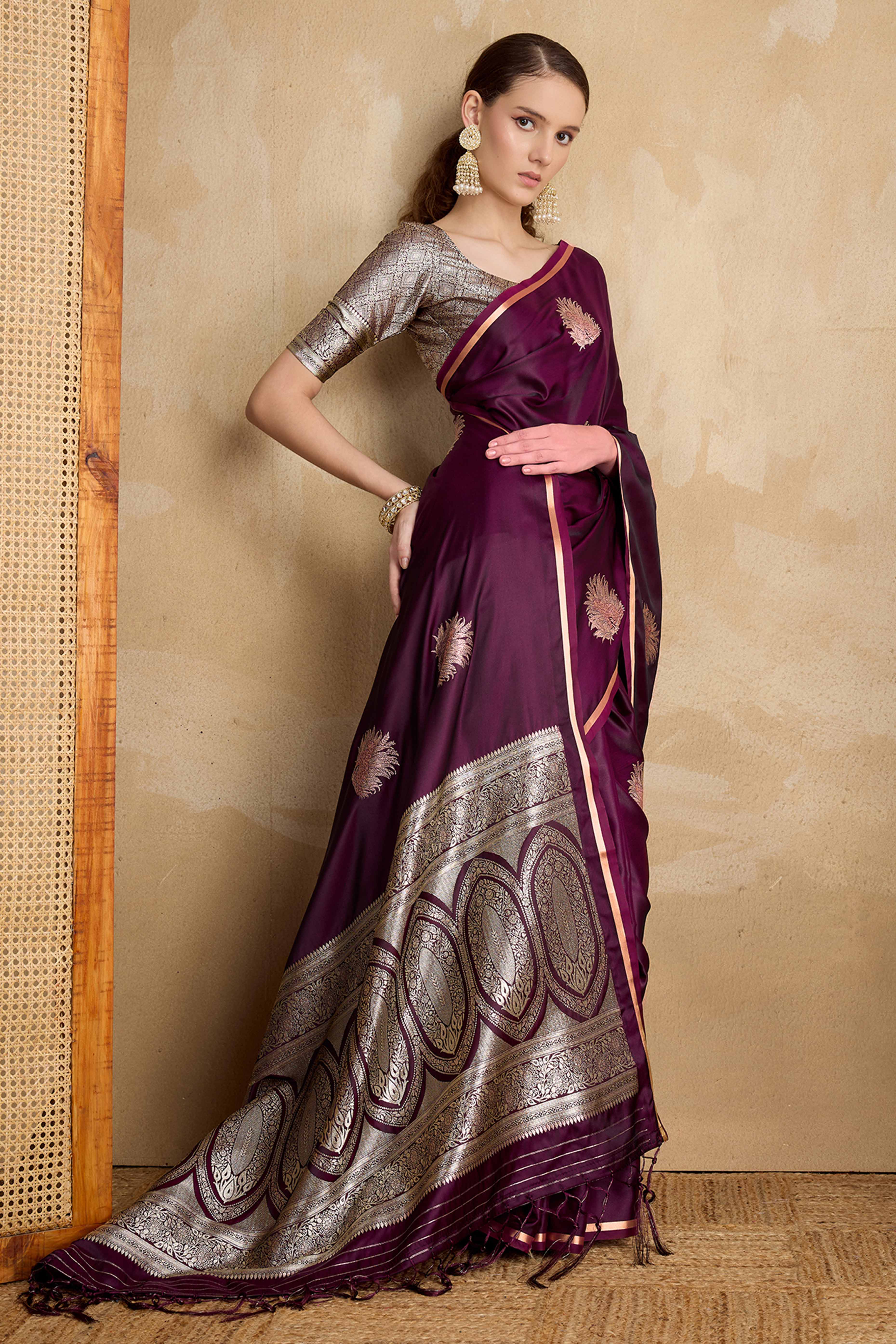 Wine Satin Saree Featuring Intricate Handloom Weaving