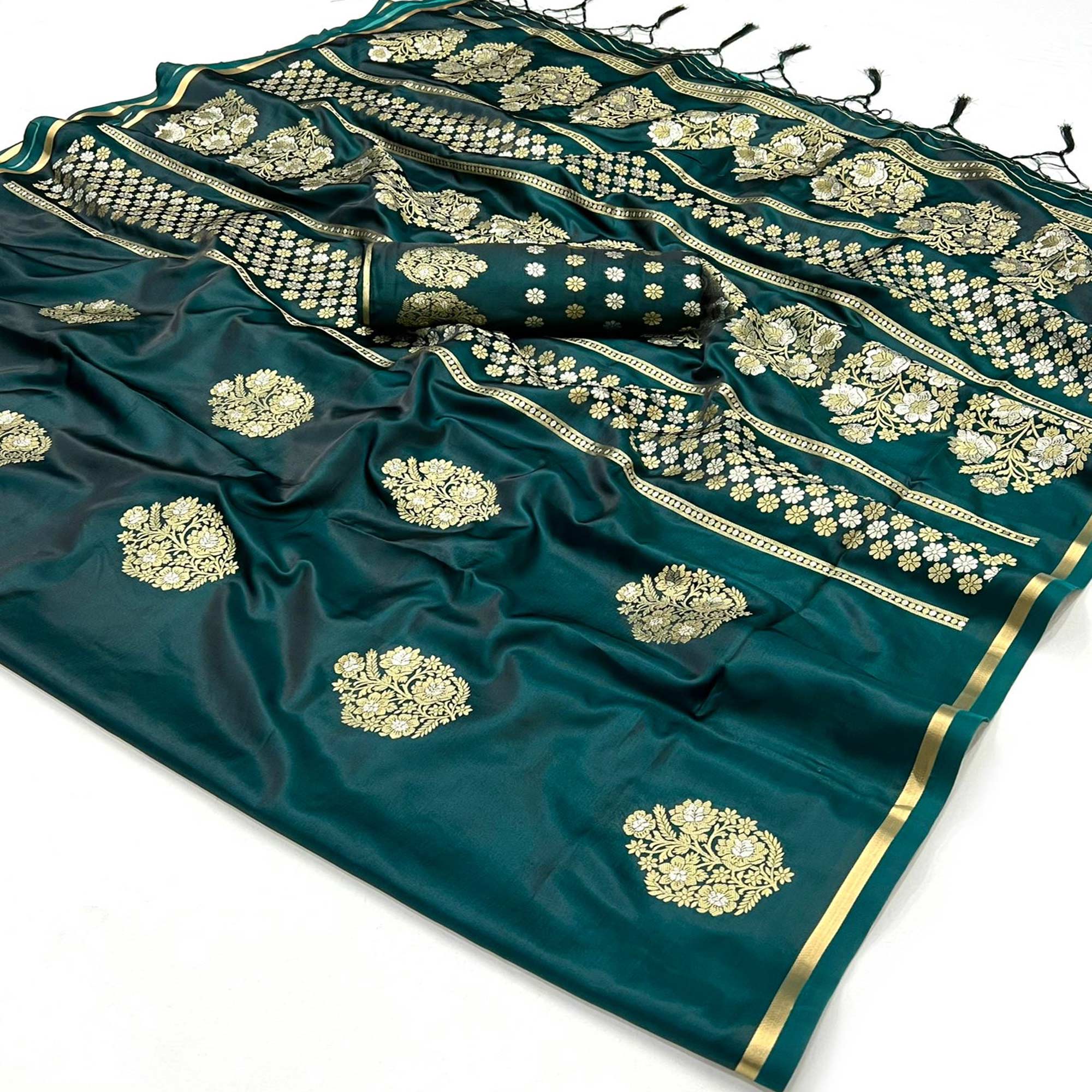 Green Floral Design Zari Woven Satin Saree