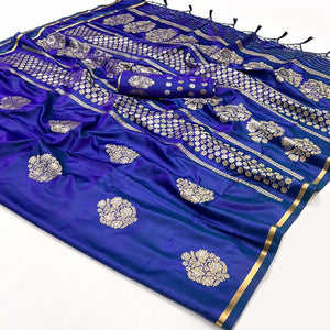 Blue Floral Design Zari Woven Satin Saree