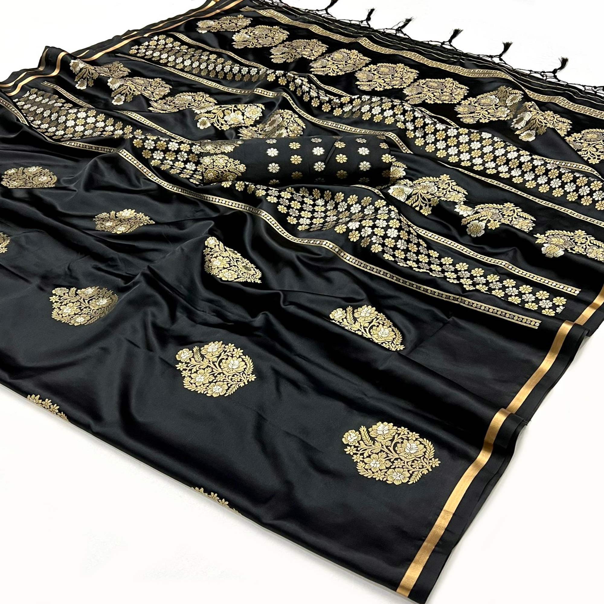 Black Floral Design Zari Woven Satin Saree
