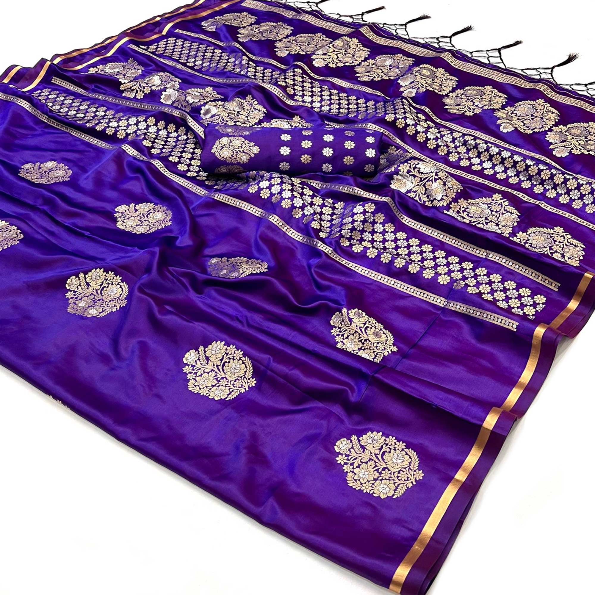 Purple Floral Design Zari Woven Satin Saree