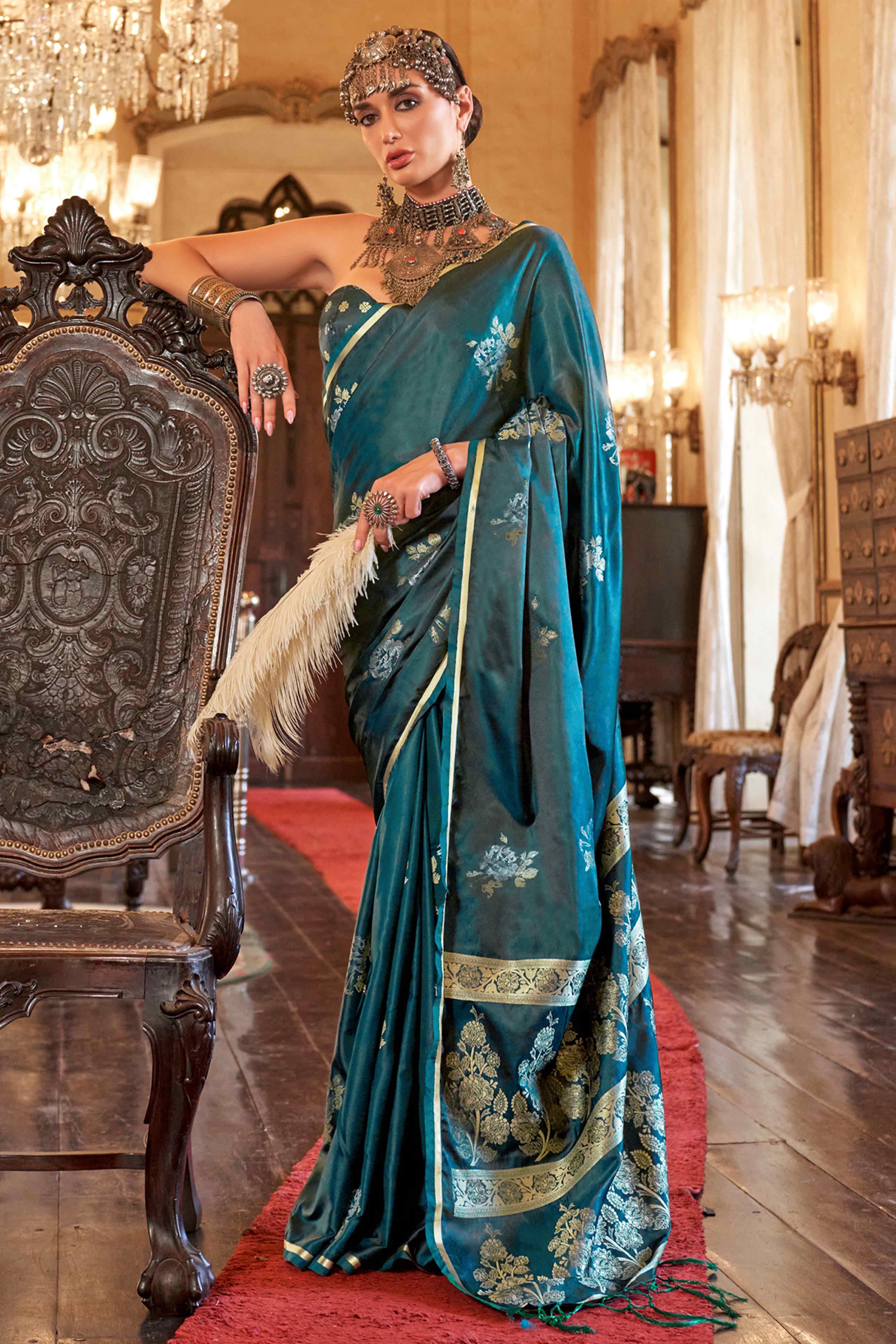 Emerald Green Satin Saree with Zari Weaving and Tassel Detailing