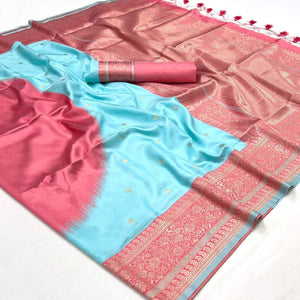 Sky Blue & Peach Zari Butti Work Banarasi Silk Saree
