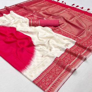 Cream & Red Zari Butti Work Banarasi Silk Saree