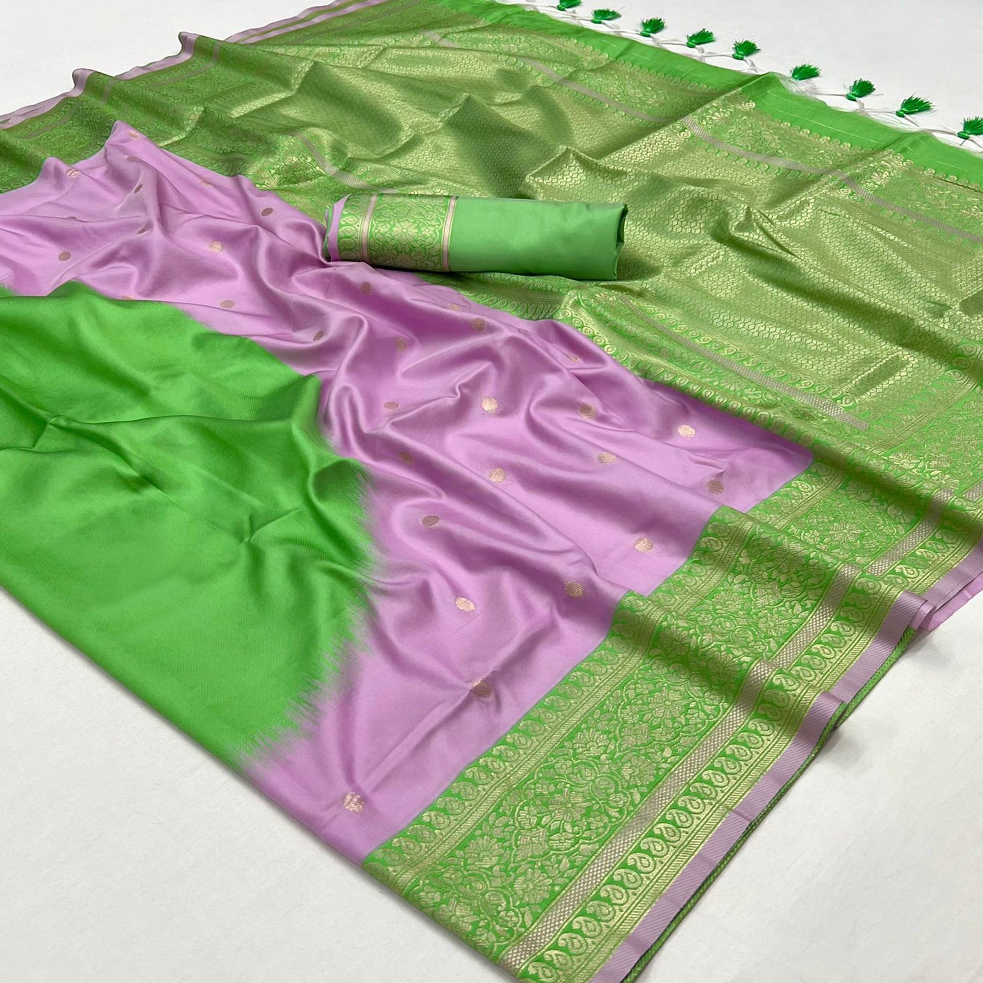 Lavender & Green Zari Butti Work Banarasi Silk Saree